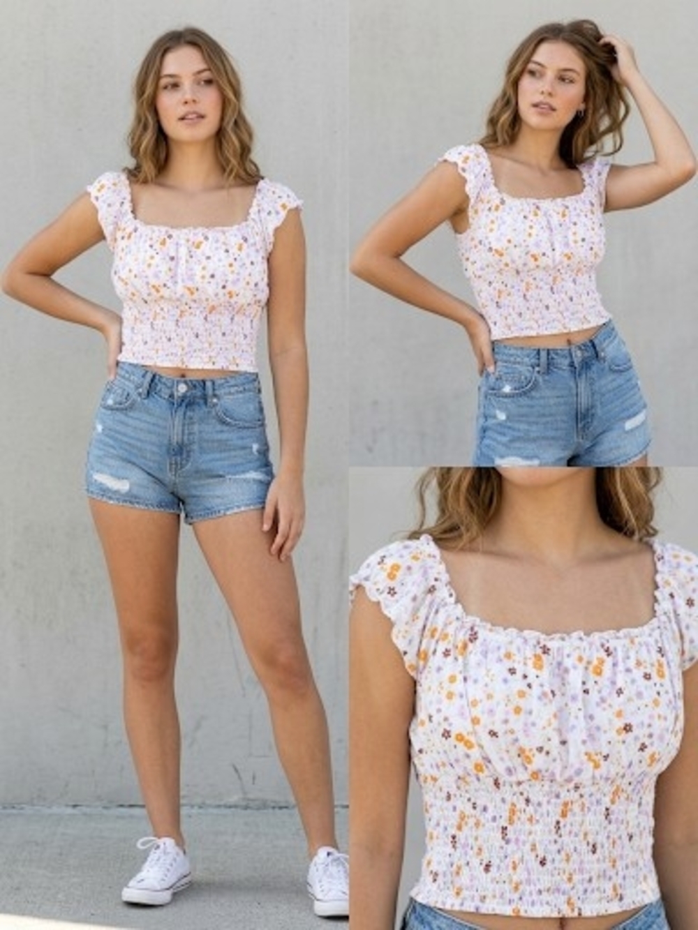 LA Hearts Smocked Floral Square-Neck Crop Top